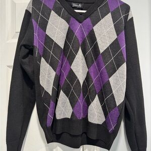 Black Argyle Shoulder Sweater | Purple & Gray Accent | Classic Fit
